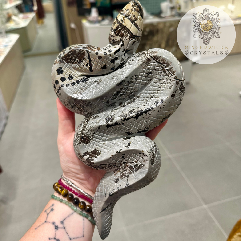 XL Picture Jasper Snake Carving on Stand