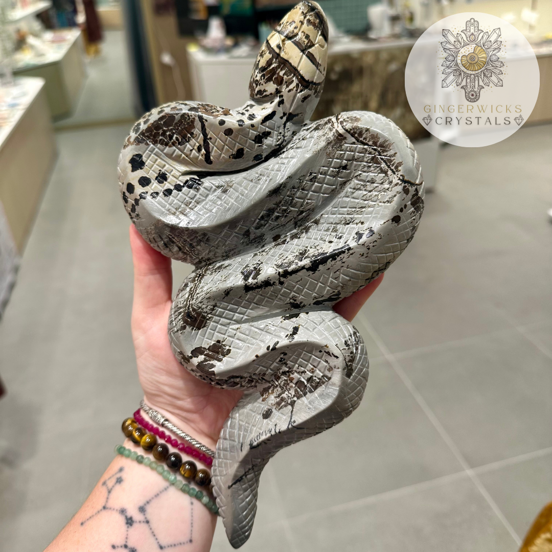 XL Picture Jasper Snake Carving on Stand