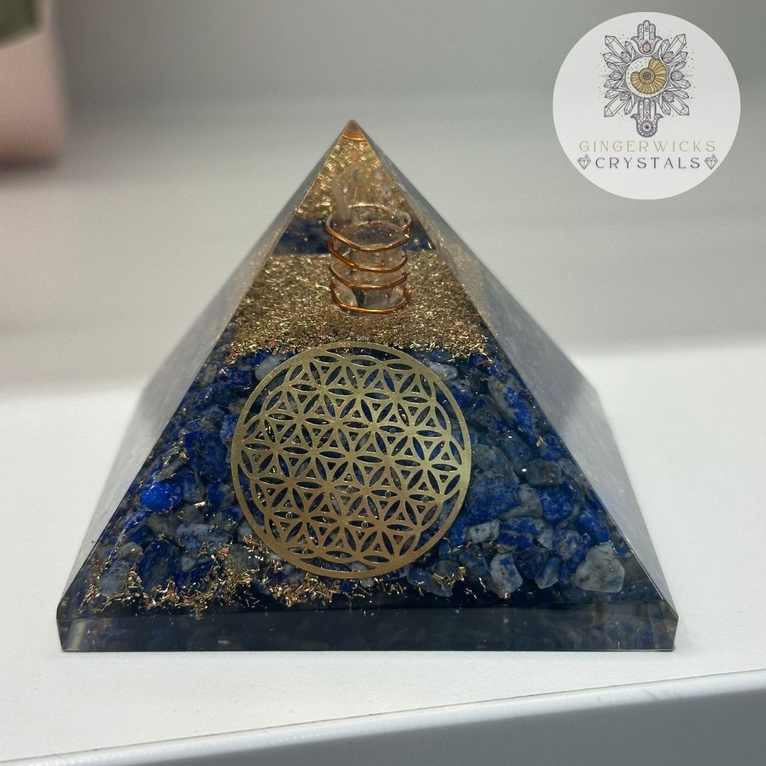 Lapis Lazuli Orgone Pyramid with Quartz Point & Copper Coil 7.5cm