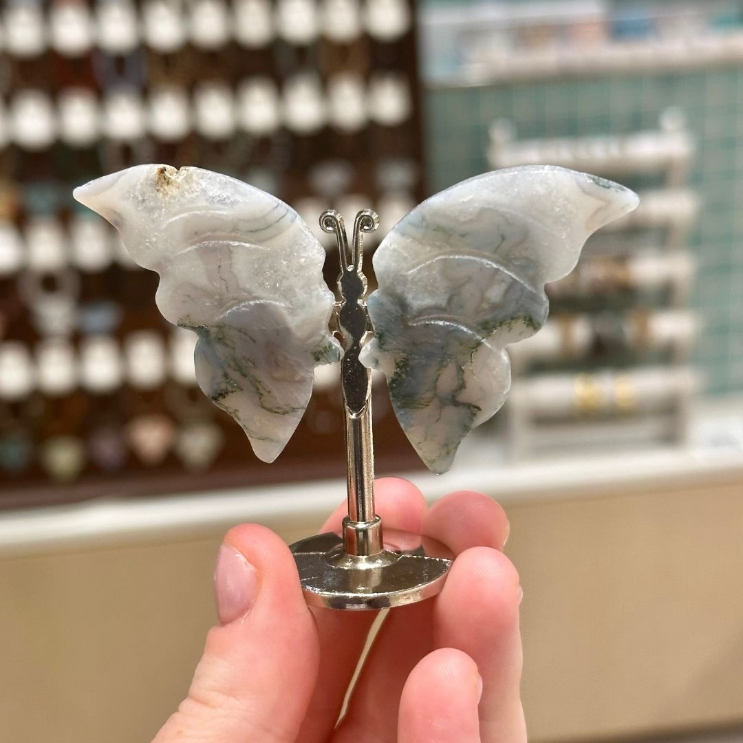 Moss Agate Crystal Butterfly on Stand