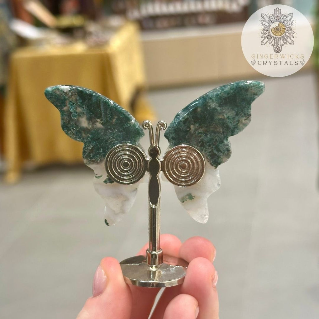 Moss Agate Crystal Butterfly on Stand