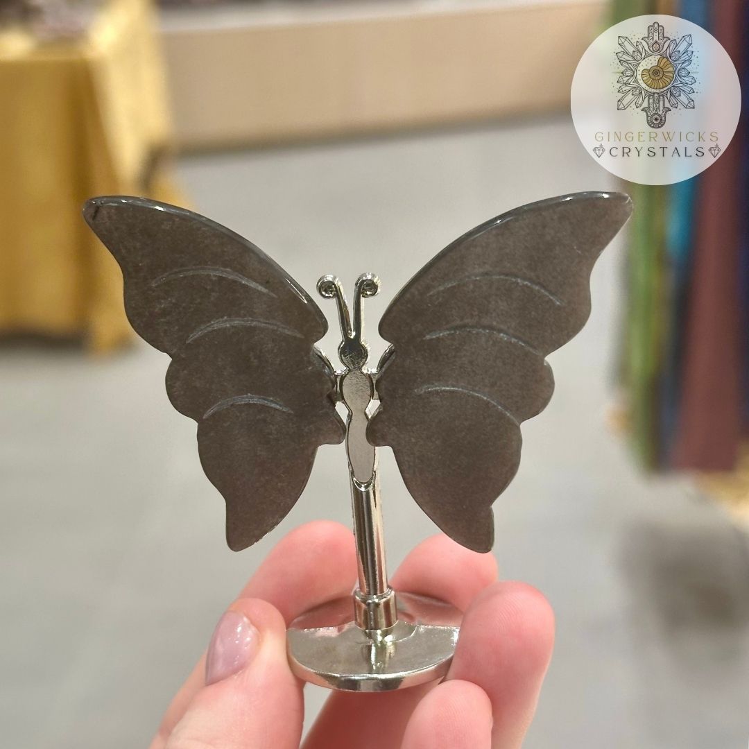 Silver Sheen Obsidian Crystal Butterfly on Stand