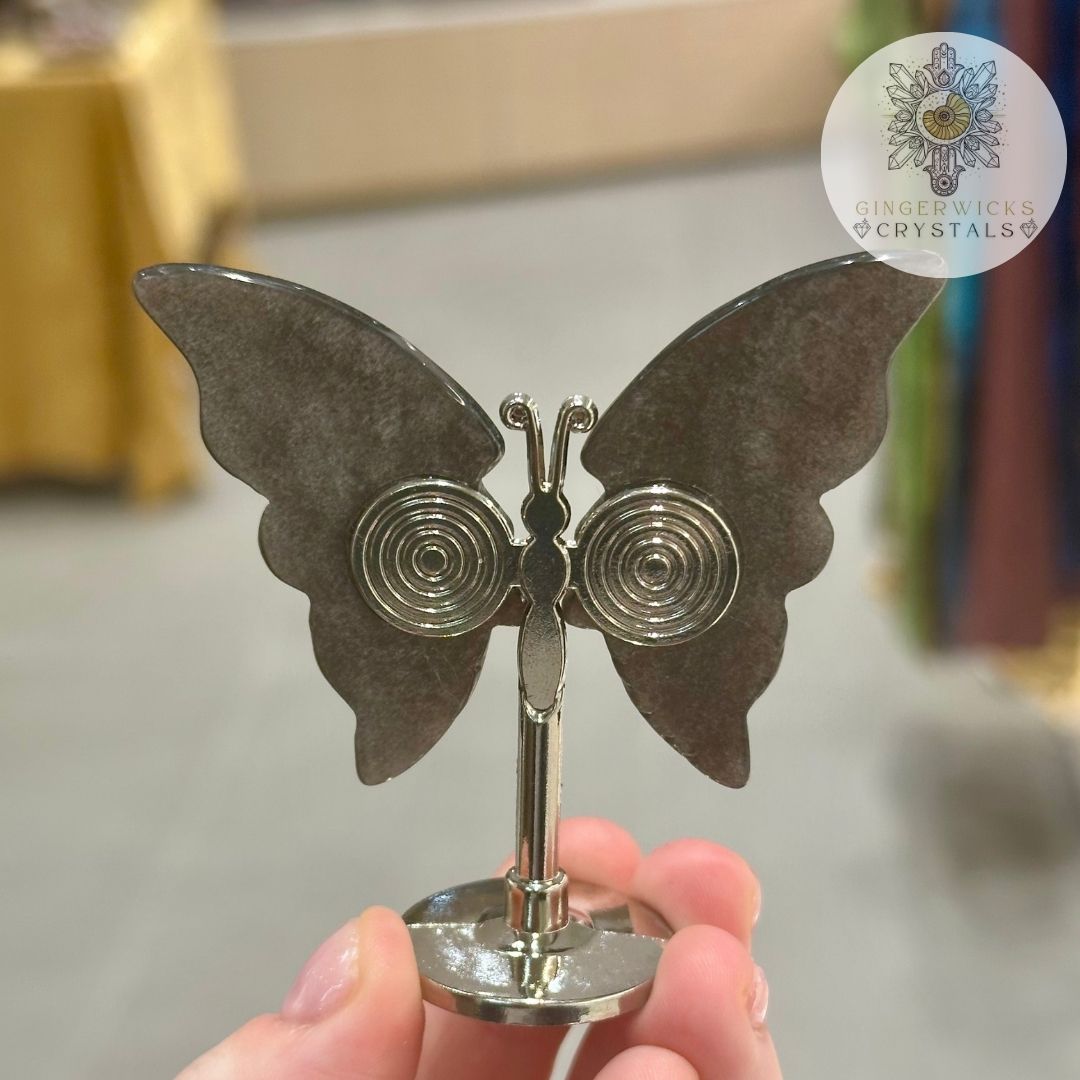 Silver Sheen Obsidian Crystal Butterfly on Stand