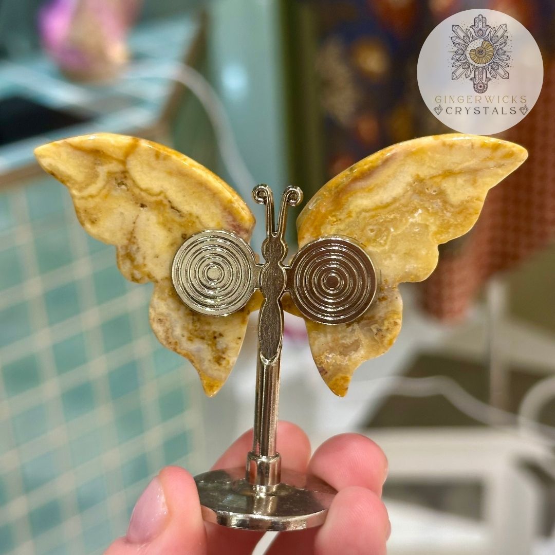 Golden Banded Agate Crystal Butterfly on Stand