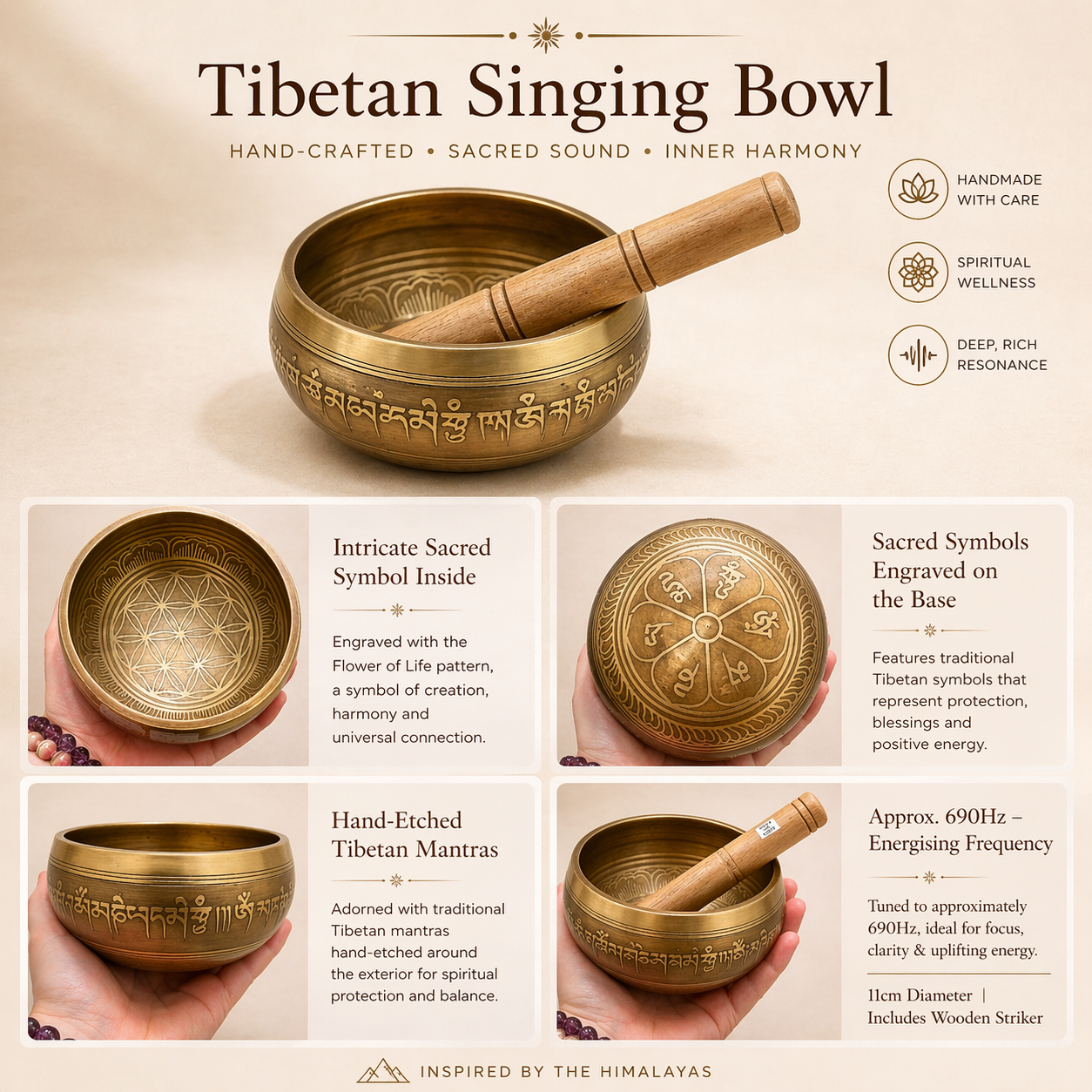 Tibetan Singing Bowl – Handcrafted for Inner Harmony (11 cm | Approx. 515g) 690HZ