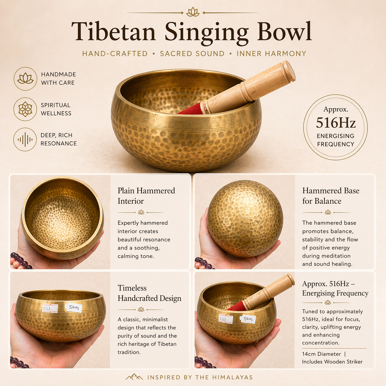 Tibetan Singing Bowl – Handcrafted for Inner Harmony (14 cm | Approx. 1.025kg)| 516Hz