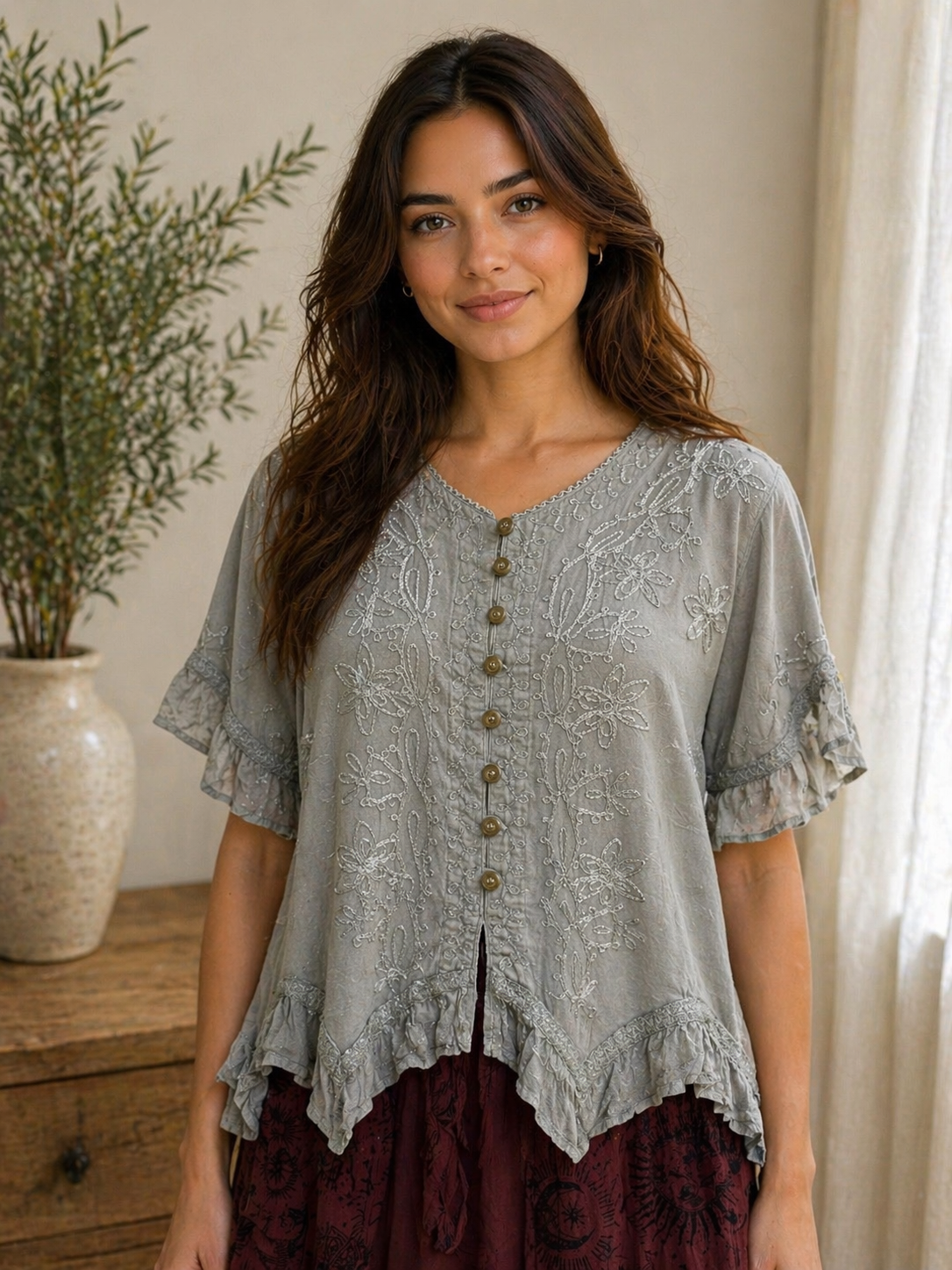 Silver Embroidered Viscose Top – Relaxed Fit Boho Blouse