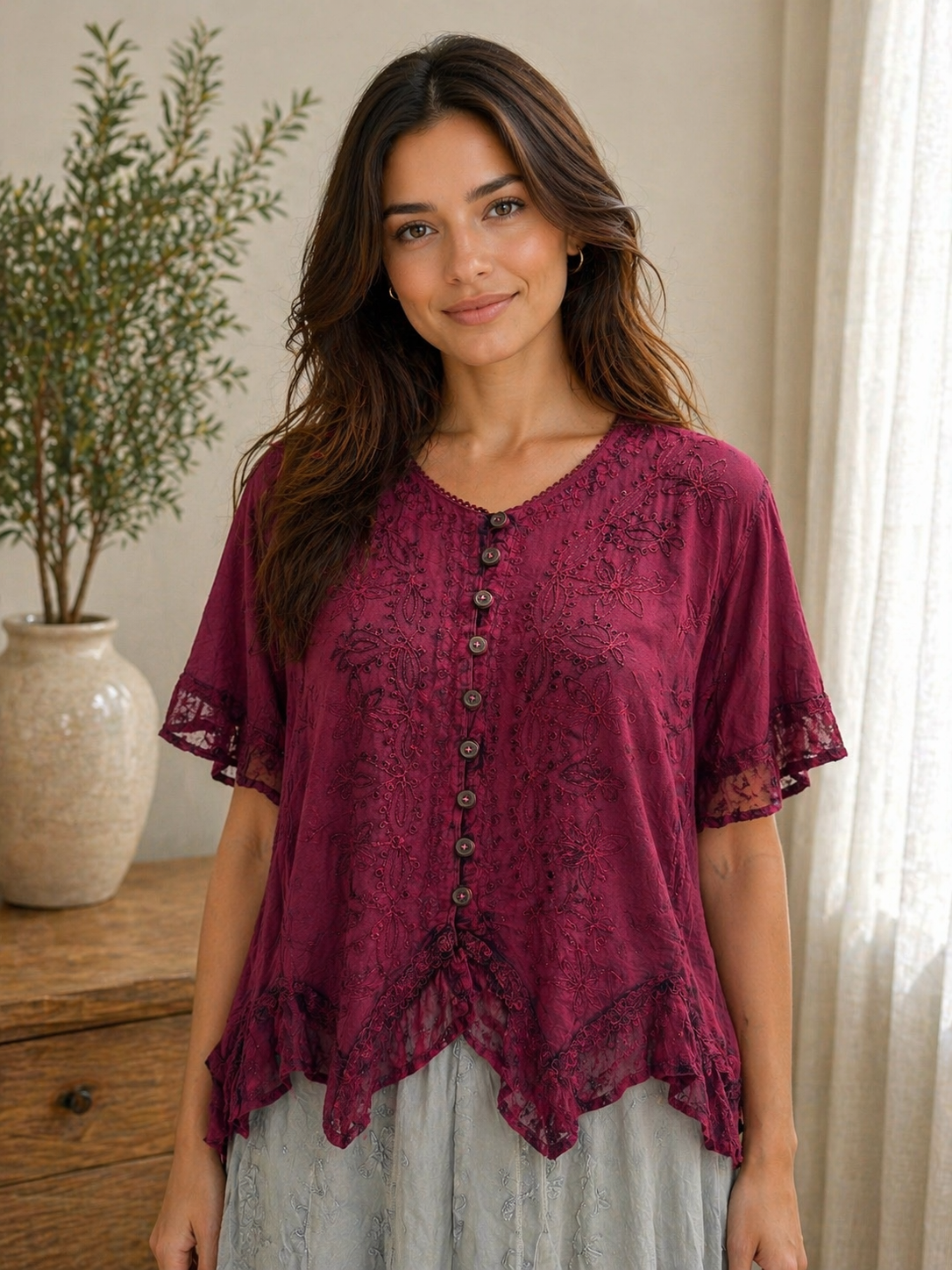 Magenta Embroidered Viscose Top – Relaxed Fit Boho Blouse