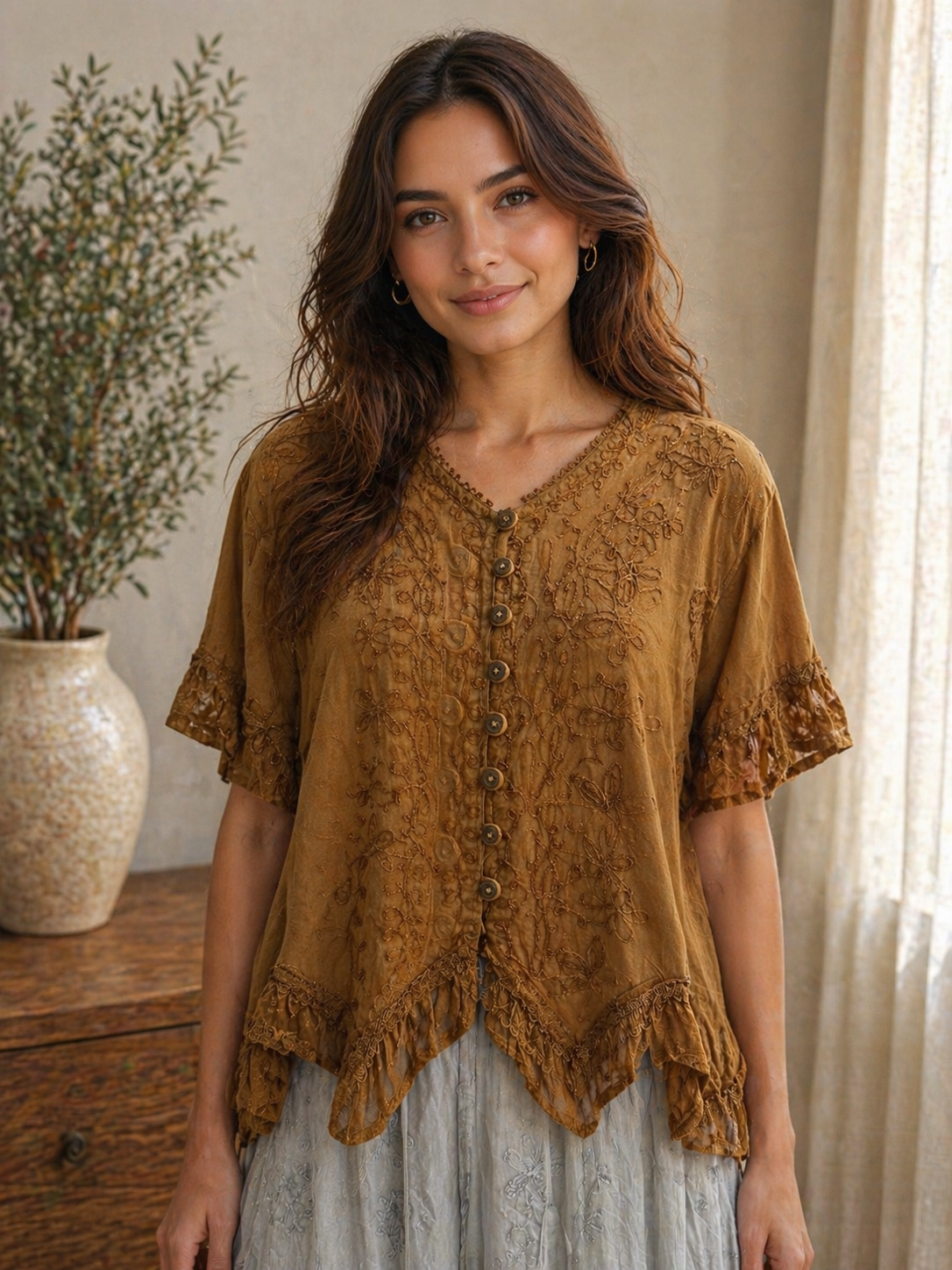 Caramel Embroidered Viscose Top – Relaxed Fit Boho Blouse