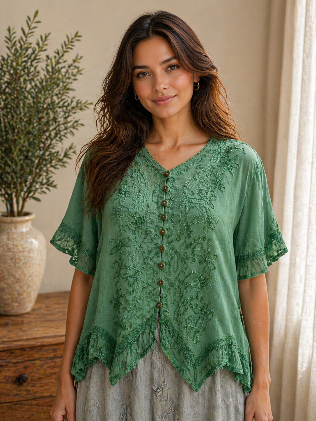 Earthy Green Embroidered Viscose Top – Relaxed Fit Boho Blouse