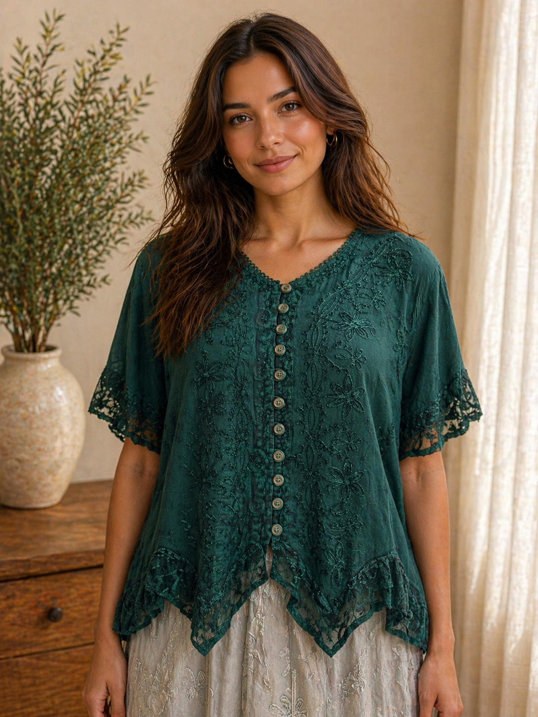 Forest Green Embroidered Viscose Top – Relaxed Fit Boho Blouse