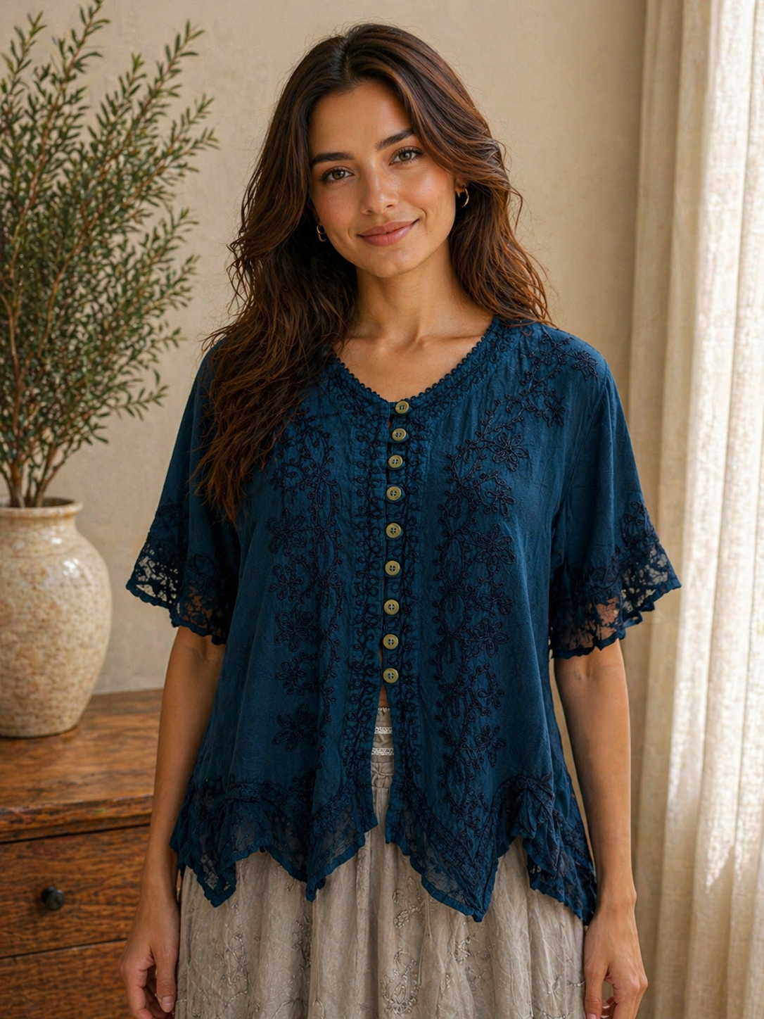 Deep Aqua Embroidered Viscose Top – Relaxed Fit Boho Blouse