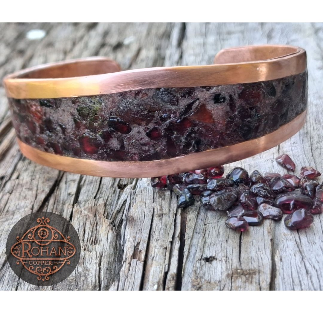 Handmade Copper Cuff Bracelet with Garnet Inlay