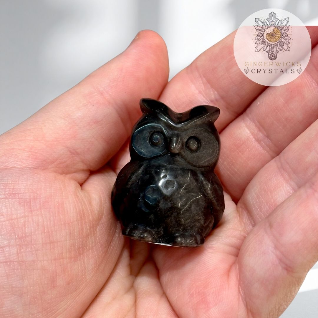Silver Sheen Obsidian Owl Carving