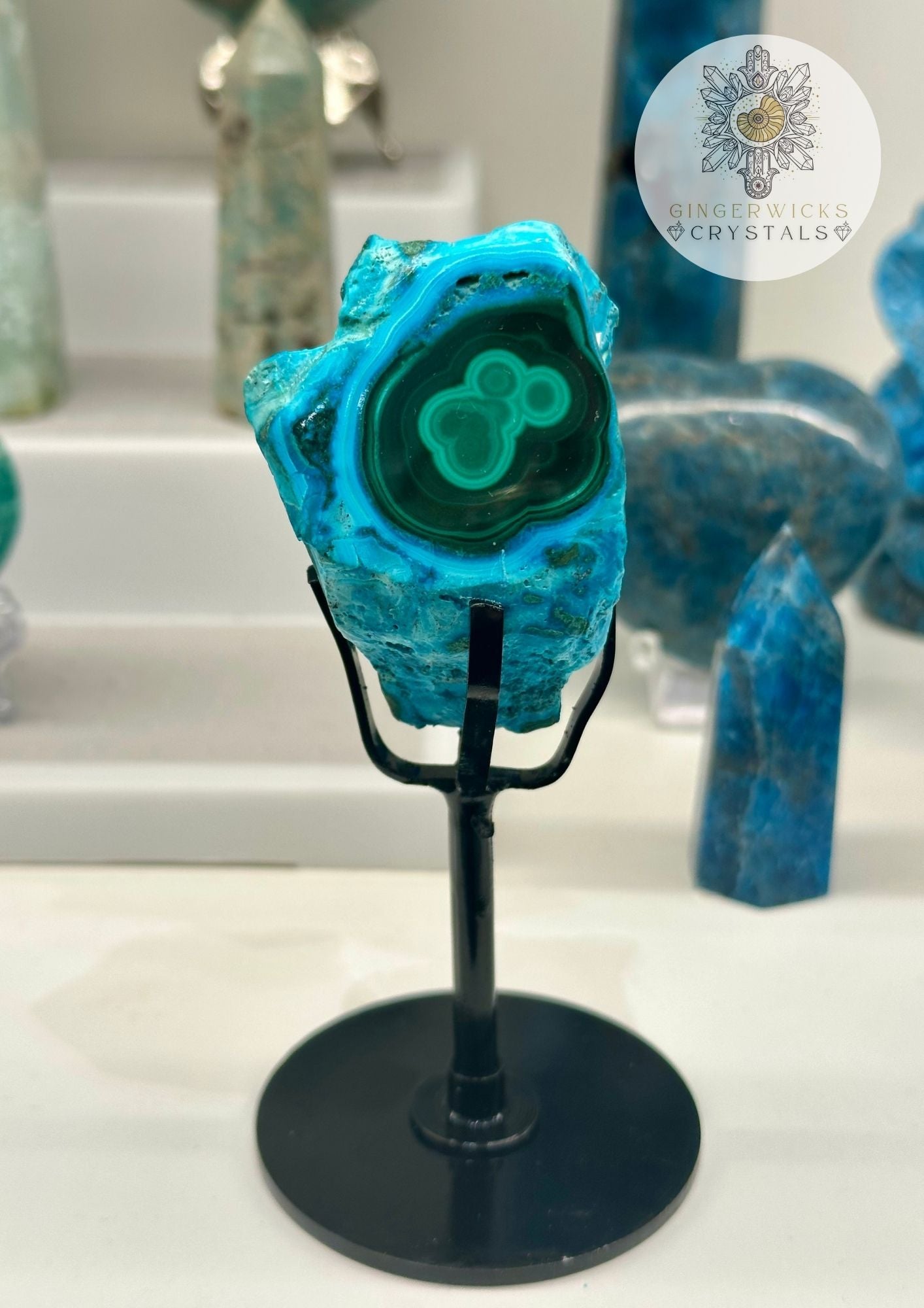 Malachite & Chrysocolla Half-Polished Freeform on Stand