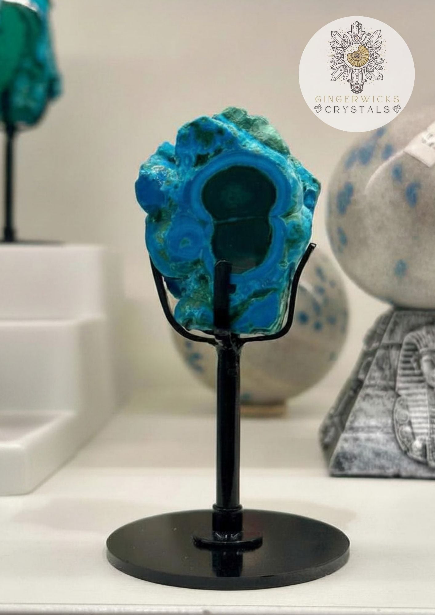 Malachite & Chrysocolla Half-Polished Freeform on Stand