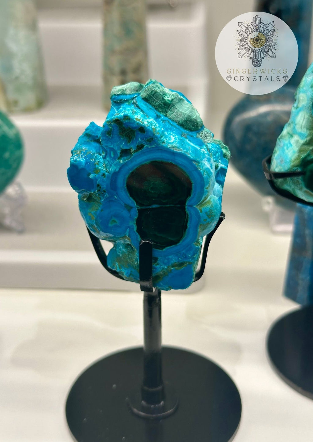 Malachite & Chrysocolla Half-Polished Freeform on Stand