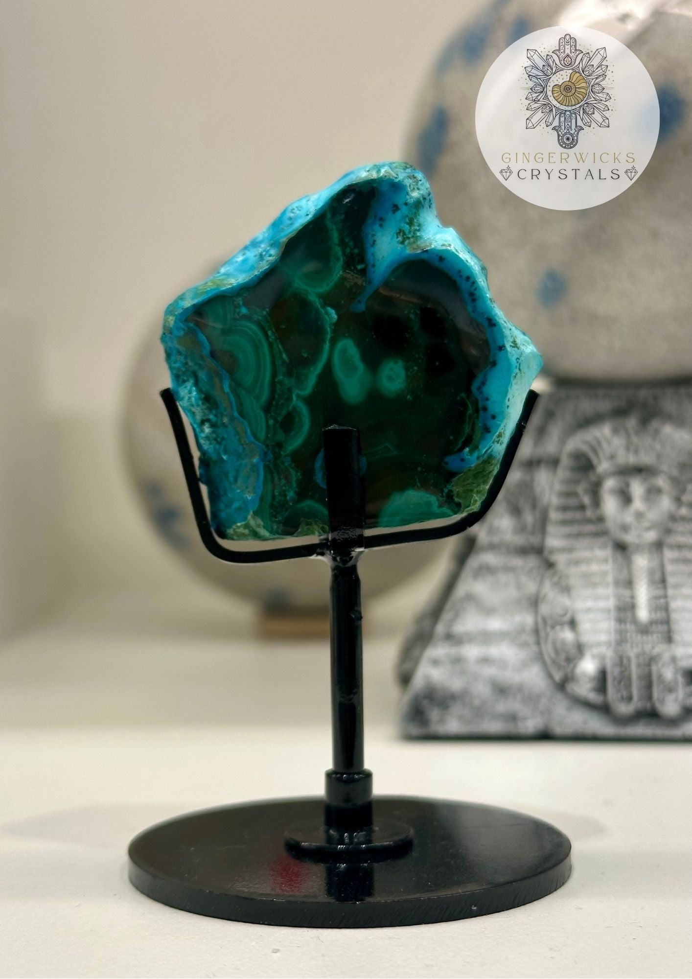 Malachite & Chrysocolla Polished Slice on Stand