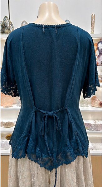 Deep Aqua Embroidered Viscose Top – Relaxed Fit Boho Blouse